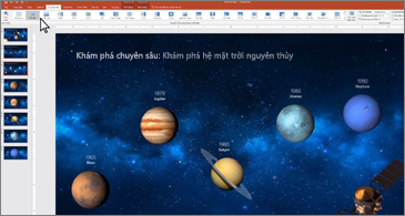 Office 2019 và các tính năng hay - Trang chiếu PowerPoint hiển thị các hành tinh được căn chỉnh