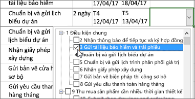 Kế hoạch dự án với danh sách thả xuống chứa các tác vụ